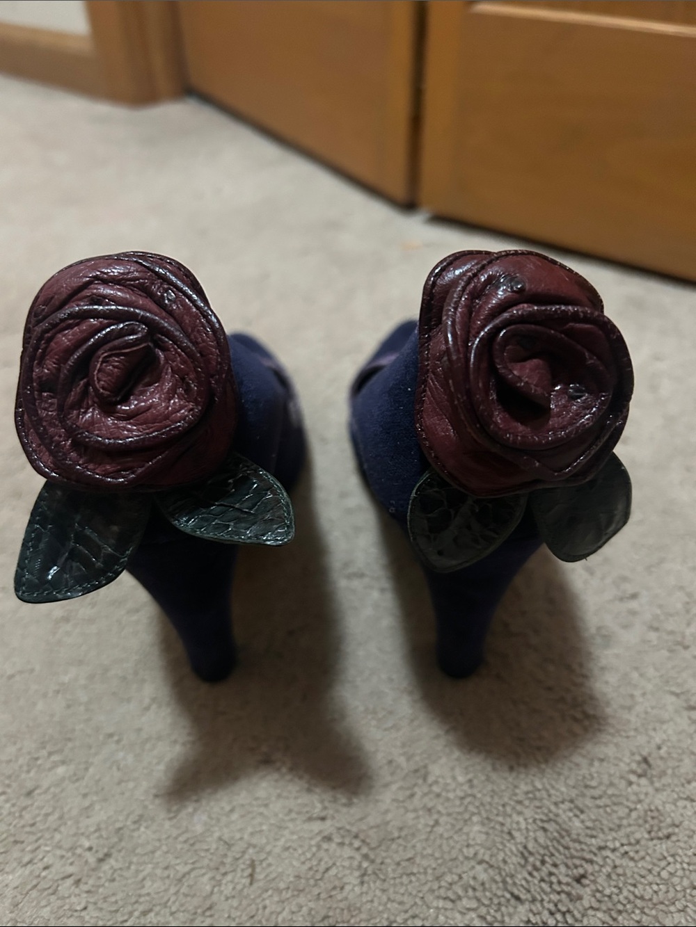 Marc Jacobs Navy Suede Heels with Burgundy Rose Detail